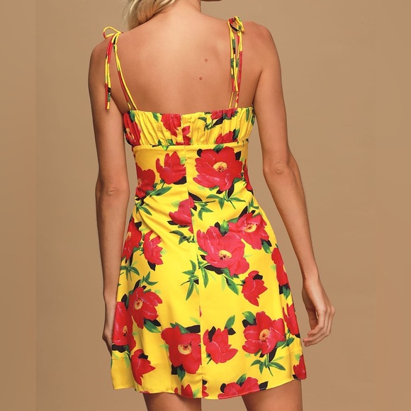 KOURT Dionne Bright Yellow Floral Print Satin Tie-Strap Mini Dress Size Small - Picture 3 of 10